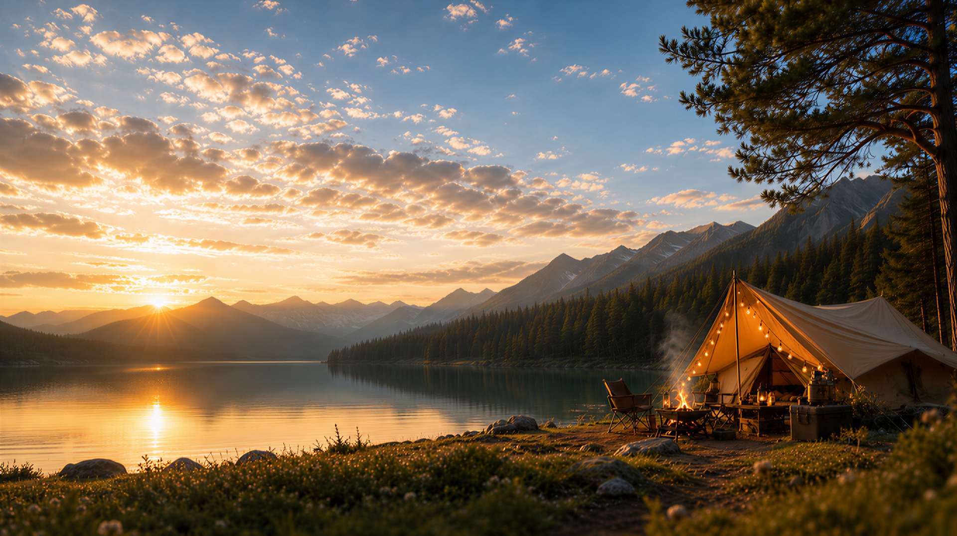 Camping tent by a lake at sunrise